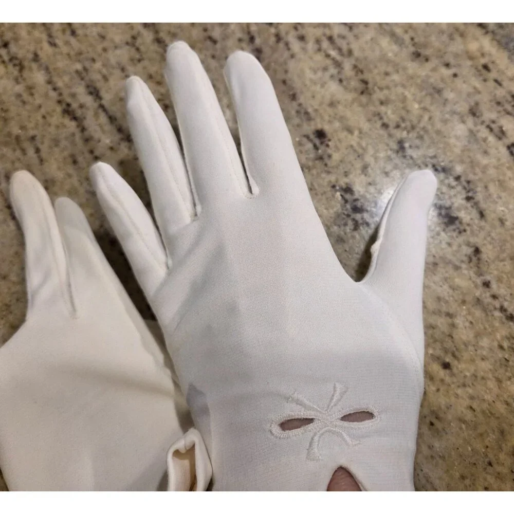 New! Vintage Women's Size S White Nylon Formal Short Gloves Bow Cutout